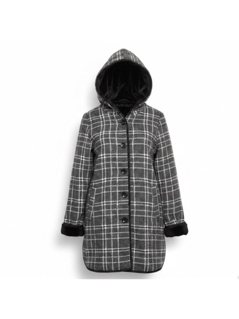 Ike Behar Womens Black & White Plaid Hooded Button-Front Coat Faux Fur Trim Sz L